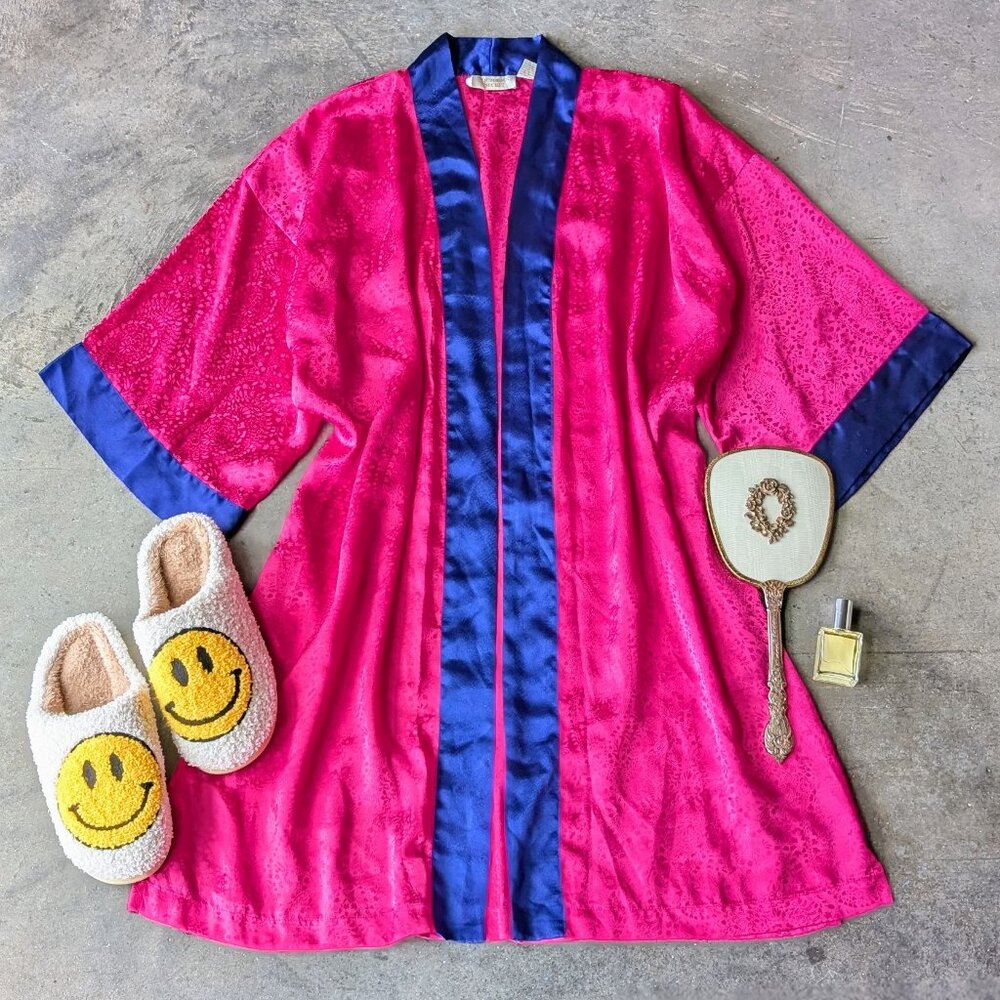 Victoria's Secret Vintage Gold Label Pink and Blue Jacquard Satin Robe one size